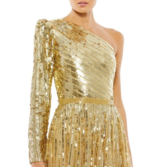 Mac Duggal 5508 Size‎ 16 Gold One Shoulder Sequined Beaded Long Maxi Gown Dress - Picture 5 of 6